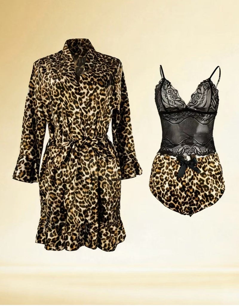 Sellcy Leopard Print 4-Piece Satin Loungewear Set - Image 1